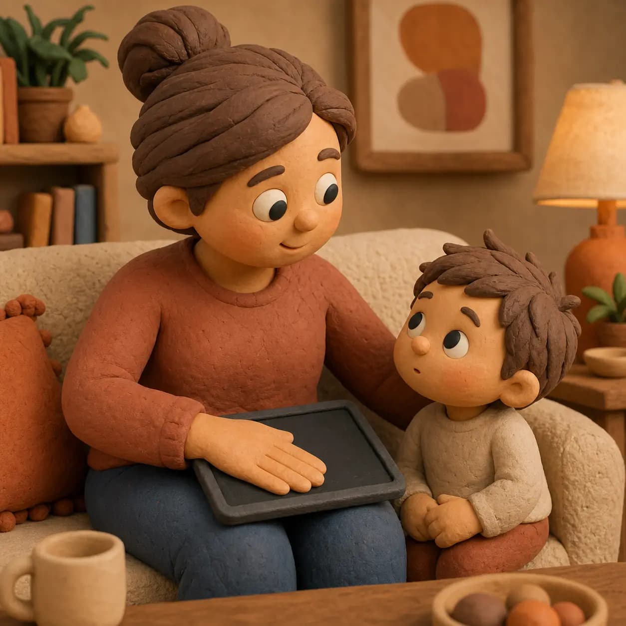 A hand covering a child's screen from a startling ad