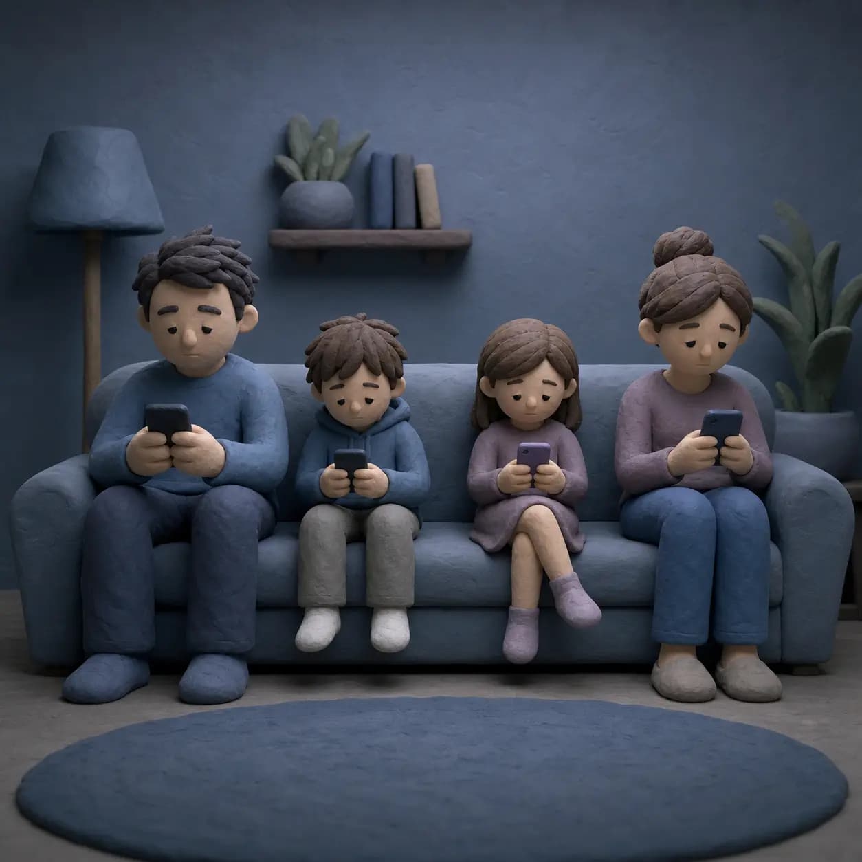 Family members playing separately, each staring at their own phone