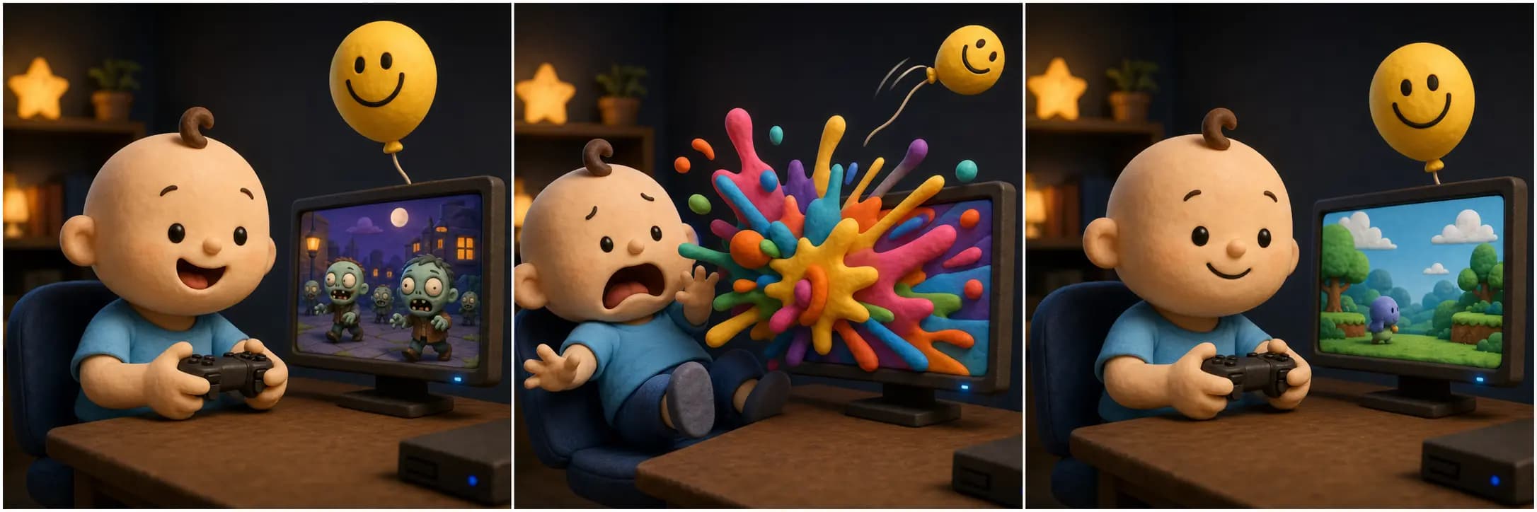 Three-panel comic: Banggu startled by an ad, not the zombies