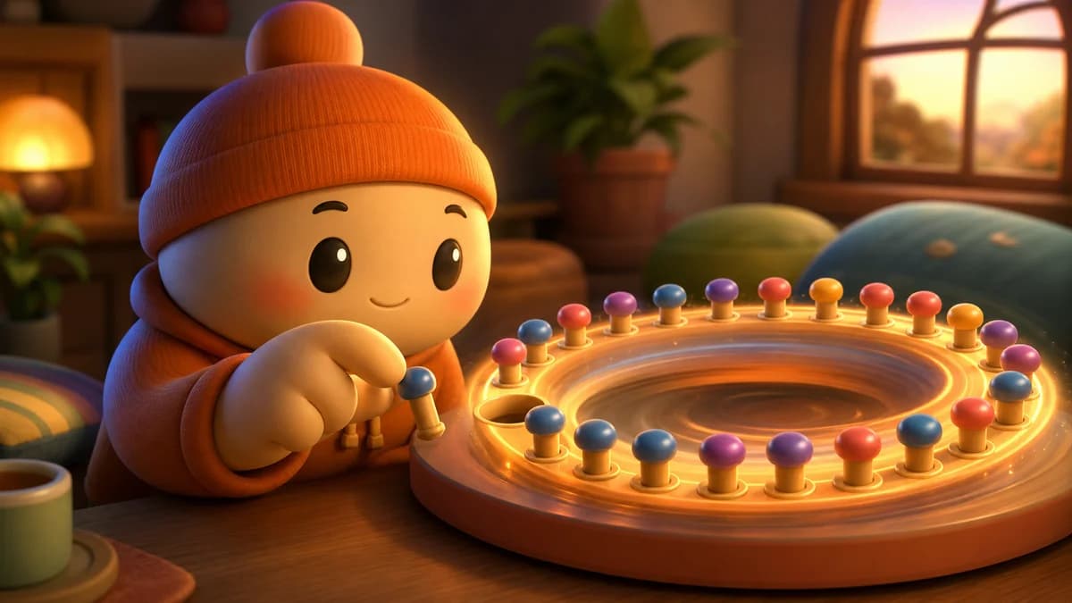 Minimal gameplay screen for Timing Is Everything on a black background, using one or two accent colors to show a spinning circle with existing pins and a new pin launched at the exact moment to avoid a collision