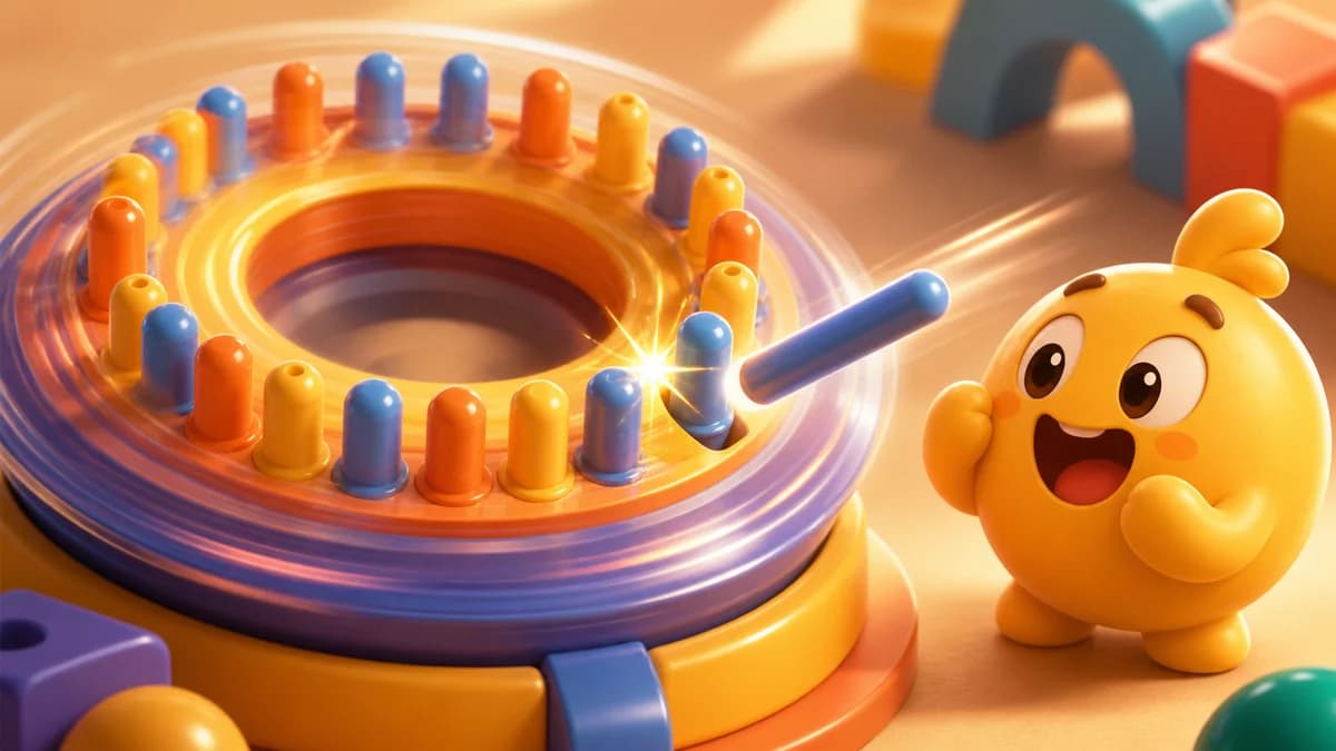 Minimal gameplay screen for Timing Is Everything on a black background, using one or two accent colors to show a spinning circle with existing pins and a new pin launched at the exact moment to avoid a collision