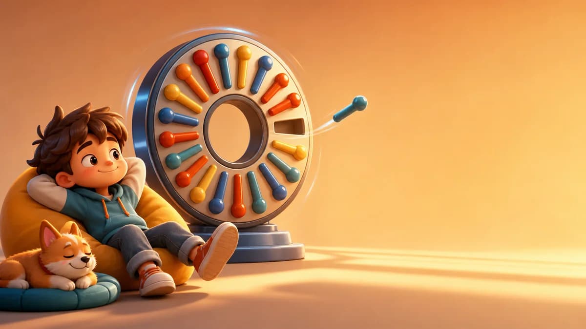 Minimal gameplay screen for Timing Is Everything on a black background, using one or two accent colors to show a spinning circle with existing pins and a new pin launched at the exact moment to avoid a collision