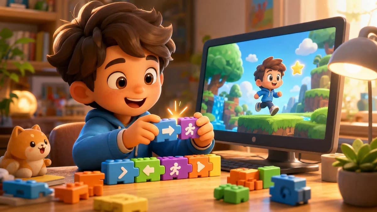 Gameplay screen of So You Think You Can Code, a visual block coding creative game where players snap colorful command blocks together like LEGO to animate a 3D character and build their own game