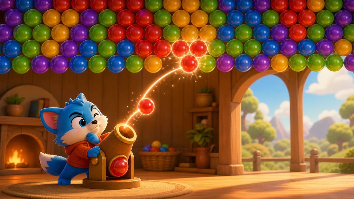 Gameplay screen for One Satisfying Shot!, a bubble shooter puzzle where the player aims and fires colored bubbles across a board filled with 10 bubble colors, uses special bubbles such as Bomb and Rainbow, and completes multiple goals