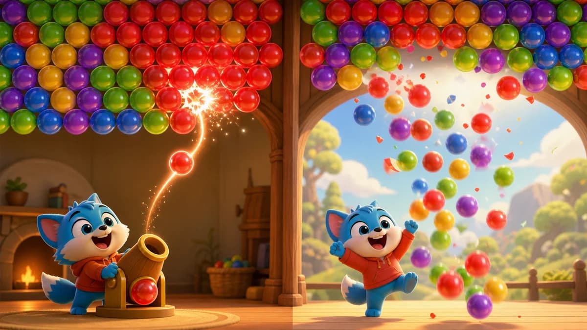 Gameplay screen for One Satisfying Shot!, a bubble shooter puzzle where the player aims and fires colored bubbles across a board filled with 10 bubble colors, uses special bubbles such as Bomb and Rainbow, and completes multiple goals