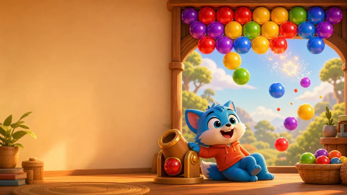 Gameplay screen for One Satisfying Shot!, a bubble shooter puzzle where the player aims and fires colored bubbles across a board filled with 10 bubble colors, uses special bubbles such as Bomb and Rainbow, and completes multiple goals