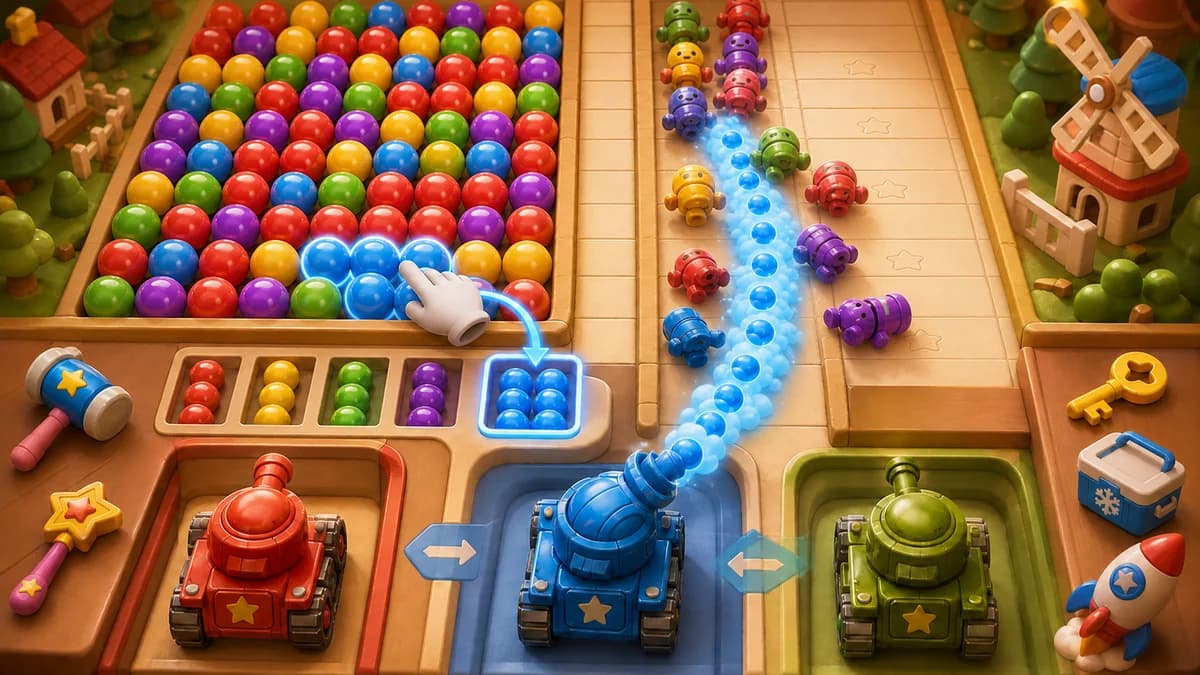 3D top-down grid filled with colorful bullets being tapped into the slot bar below, while three allied tanks auto-fire at cartoon enemies marching down each lane in the color-sorting defense puzzle game Bullet Sort Battle