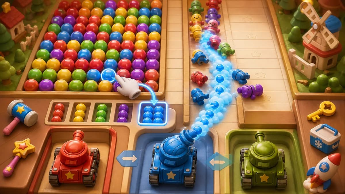 3D top-down grid filled with colorful bullets being tapped into the slot bar below, while three allied tanks auto-fire at cartoon enemies marching down each lane in the color-sorting defense puzzle game Bullet Sort Battle