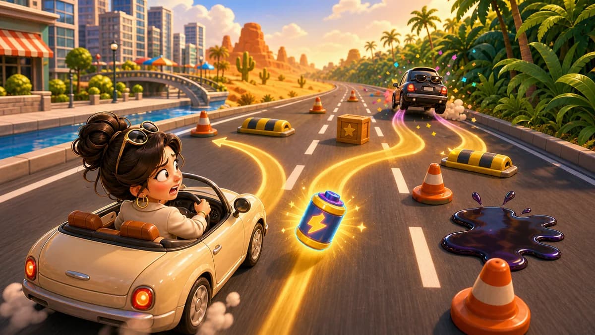 A player's car automatically driving forward through city, desert, and jungle 3D roads while sliding between three lanes to dodge obstacles and close the gap on a fleeing target car in the pursuit arcade game The Chase