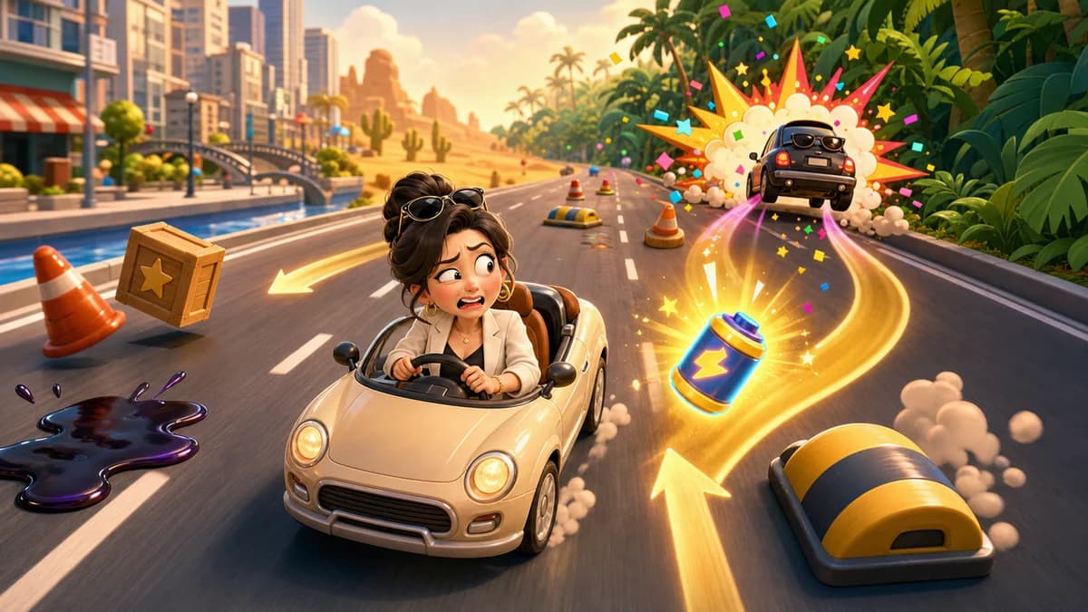 A player's car automatically driving forward through city, desert, and jungle 3D roads while sliding between three lanes to dodge obstacles and close the gap on a fleeing target car in the pursuit arcade game The Chase