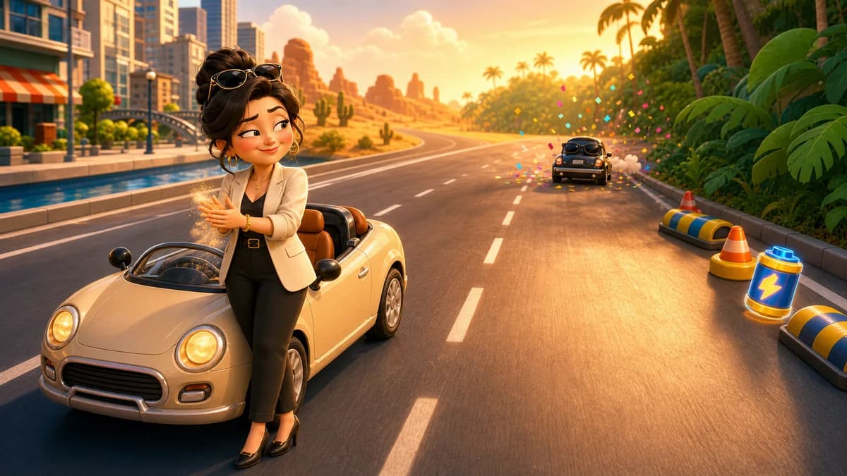 A player's car automatically driving forward through city, desert, and jungle 3D roads while sliding between three lanes to dodge obstacles and close the gap on a fleeing target car in the pursuit arcade game The Chase