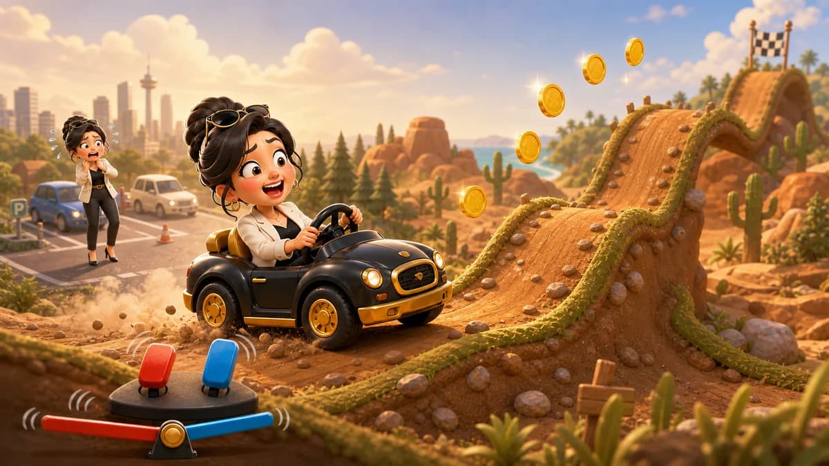 A cartoon car navigating bumpy side-scrolling terrain through hill, city, forest, desert, and beach environments, pulling airborne flips and collecting coins to unlock vehicles in the hill-climbing physics arcade game Dream Driver