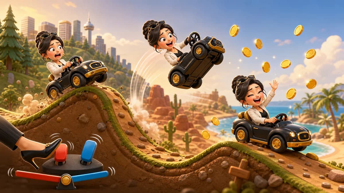 A cartoon car navigating bumpy side-scrolling terrain through hill, city, forest, desert, and beach environments, pulling airborne flips and collecting coins to unlock vehicles in the hill-climbing physics arcade game Dream Driver