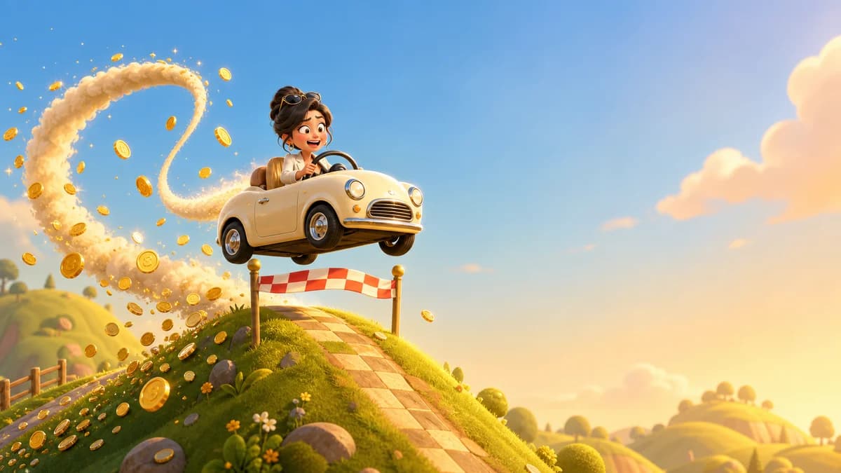 A cartoon car navigating bumpy side-scrolling terrain through hill, city, forest, desert, and beach environments, pulling airborne flips and collecting coins to unlock vehicles in the hill-climbing physics arcade game Dream Driver