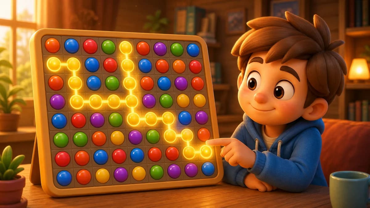 Gameplay screen of Dots Become Lines, a connection puzzle game where players drag through matching-color bubbles on an 8×8 grid to build their score