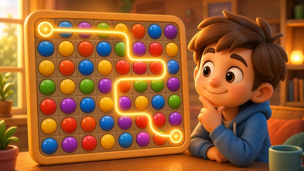 Gameplay screen of Dots Become Lines, a connection puzzle game where players drag through matching-color bubbles on an 8×8 grid to build their score