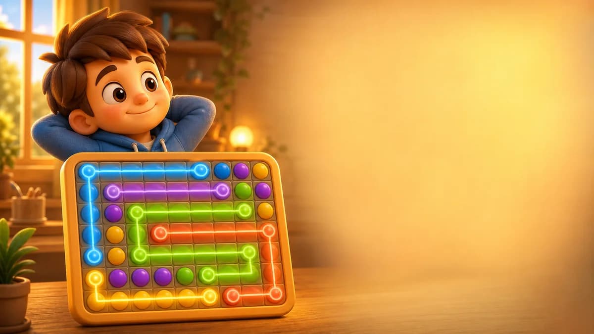 Gameplay screen of Dots Become Lines, a connection puzzle game where players drag through matching-color bubbles on an 8×8 grid to build their score