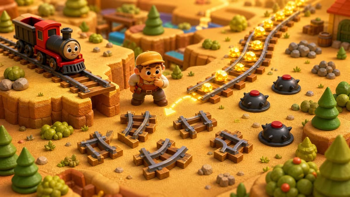 Gameplay screen of You Make the Way, a cartoon-style 3D rail puzzle game where players connect rail pieces on a grid, avoid mines and obstacles, collect gold, and guide a train to the destination station