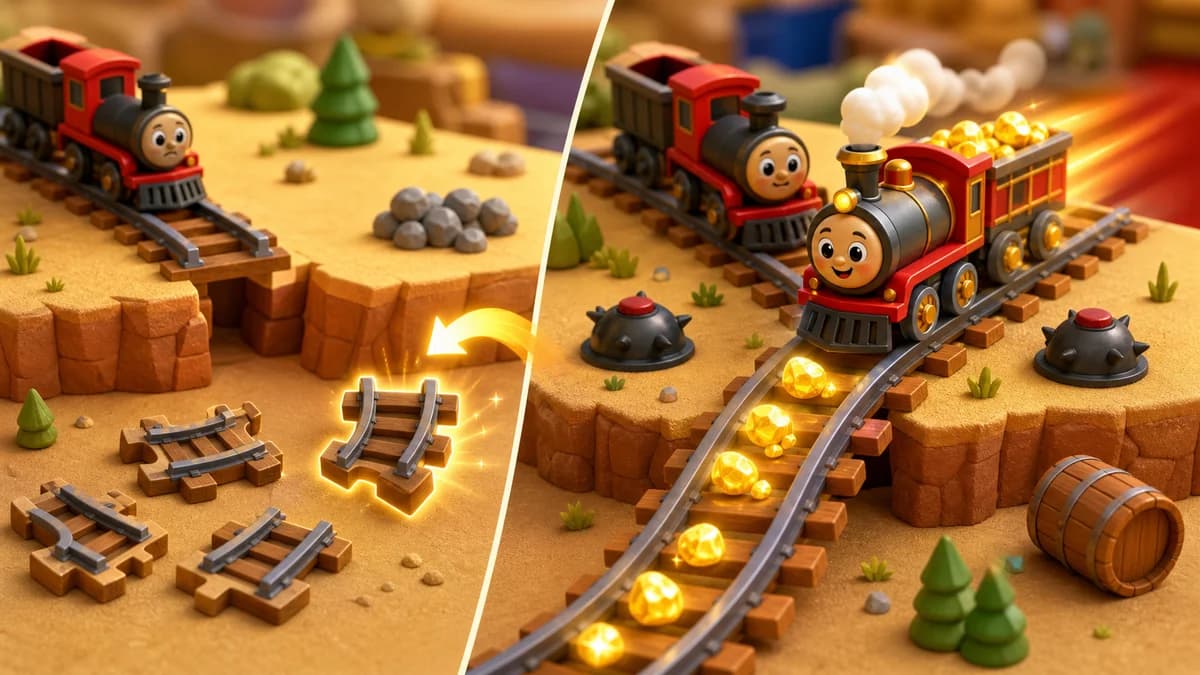 Gameplay screen of You Make the Way, a cartoon-style 3D rail puzzle game where players connect rail pieces on a grid, avoid mines and obstacles, collect gold, and guide a train to the destination station