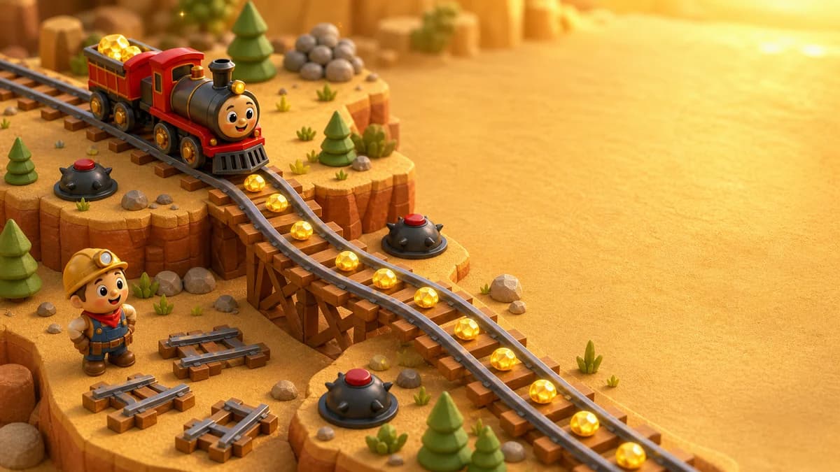 Gameplay screen of You Make the Way, a cartoon-style 3D rail puzzle game where players connect rail pieces on a grid, avoid mines and obstacles, collect gold, and guide a train to the destination station