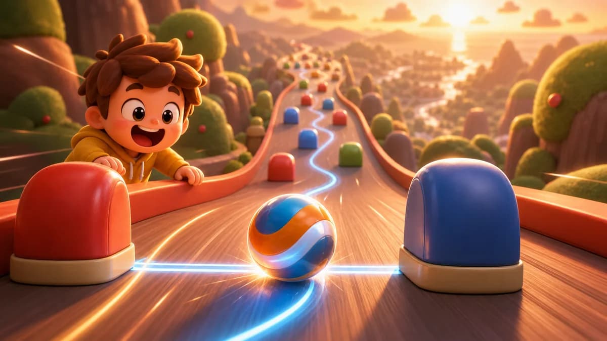 Gameplay screen of Chase the Bottom, a reflex arcade game where you steer a ball down an endless slope, weaving through a rush of obstacles to survive as long as possible.