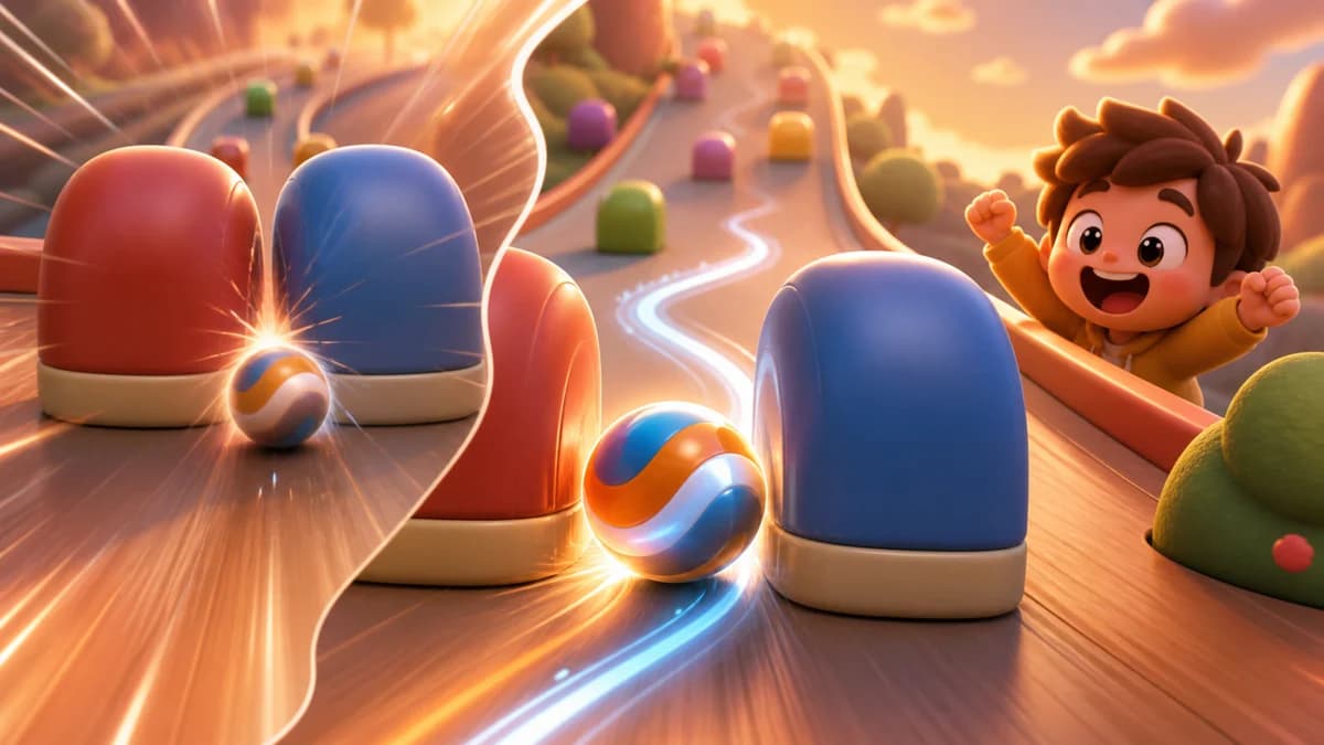 Gameplay screen of Chase the Bottom, a reflex arcade game where you steer a ball down an endless slope, weaving through a rush of obstacles to survive as long as possible.