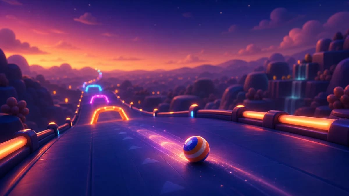 Gameplay screen of Chase the Bottom, a reflex arcade game where you steer a ball down an endless slope, weaving through a rush of obstacles to survive as long as possible.