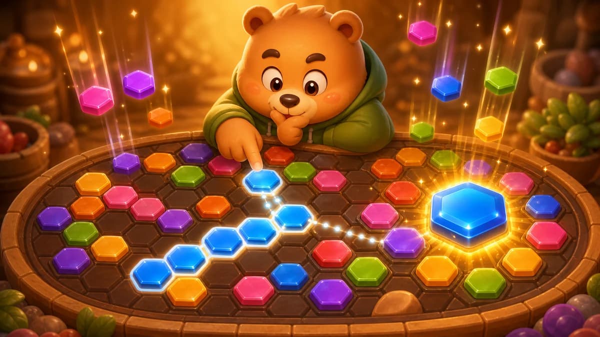 Gameplay screen of The More You Merge, the Bigger It Gets — a hex number-merging puzzle where players drag across matching tiles on a hexagonal grid to double their value