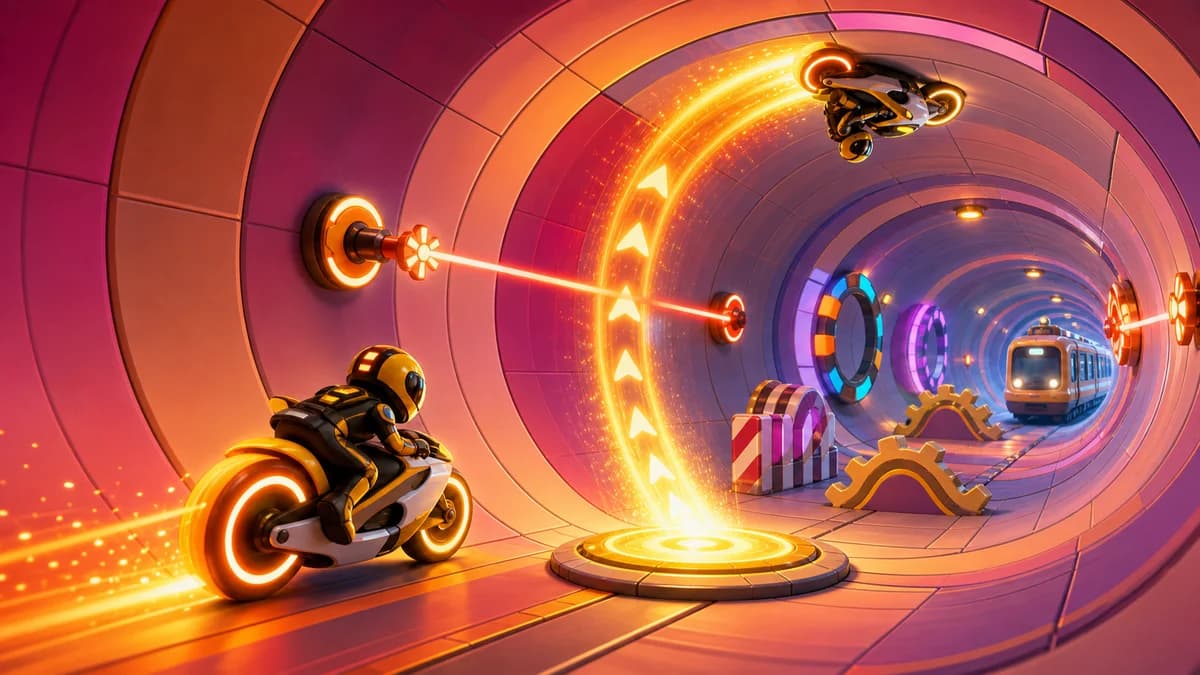 A bike riding the curved inner wall of a giant cylindrical space corridor, hitting lift pads to flip between floor and ceiling while dodging barriers, laser beams, gears, and oncoming trains in the anti-gravity endless runner Space Y