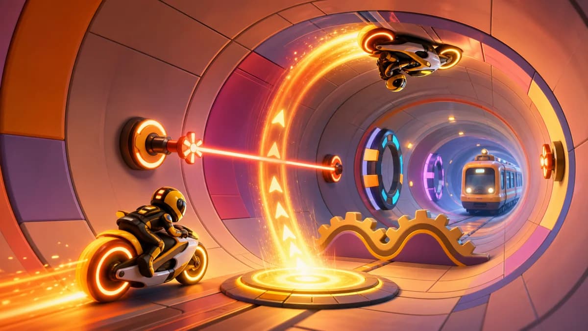 A bike riding the curved inner wall of a giant cylindrical space corridor, hitting lift pads to flip between floor and ceiling while dodging barriers, laser beams, gears, and oncoming trains in the anti-gravity endless runner Space Y