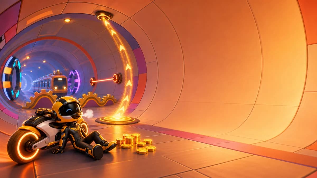 A bike riding the curved inner wall of a giant cylindrical space corridor, hitting lift pads to flip between floor and ceiling while dodging barriers, laser beams, gears, and oncoming trains in the anti-gravity endless runner Space Y