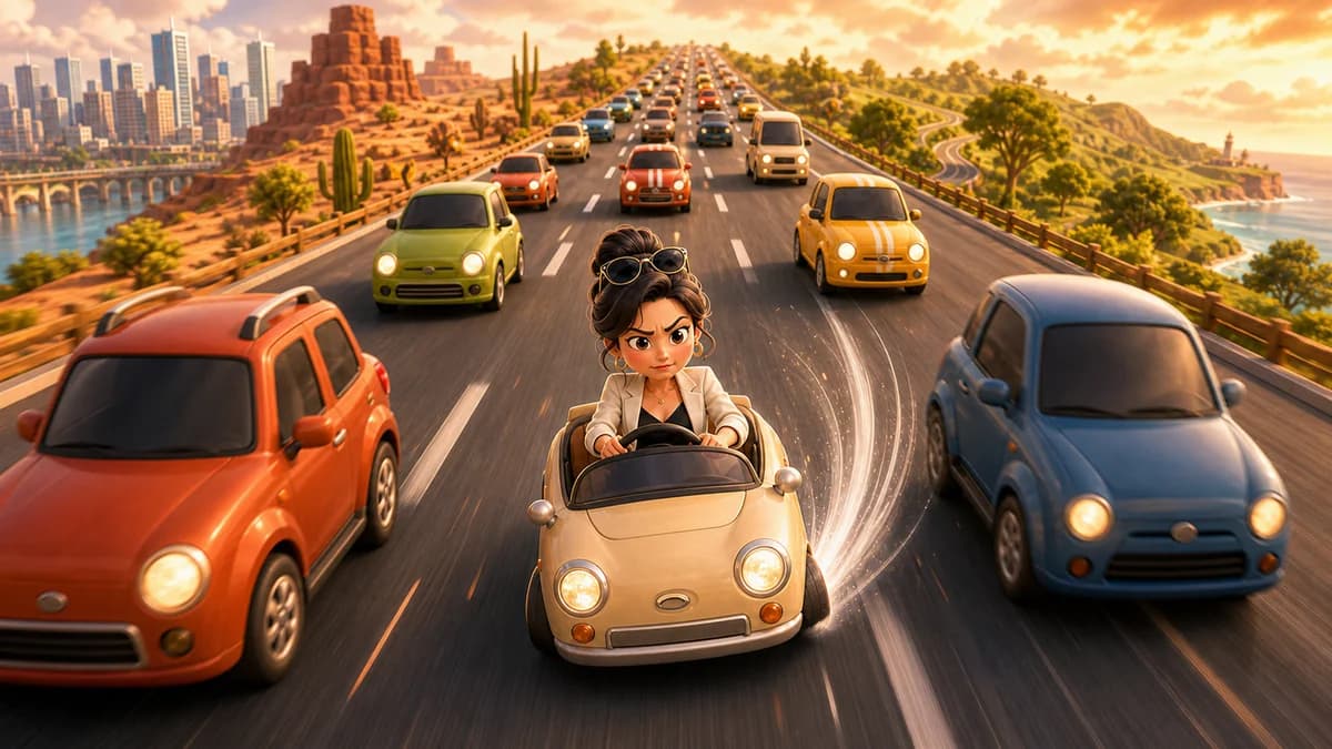 A car fixed on screen while the road scrolls forward and other cars drop into random lanes every 1.5 seconds across a 4-lane highway, requiring left-right dodges to survive in the traffic-dodge driving game Dare to Drive