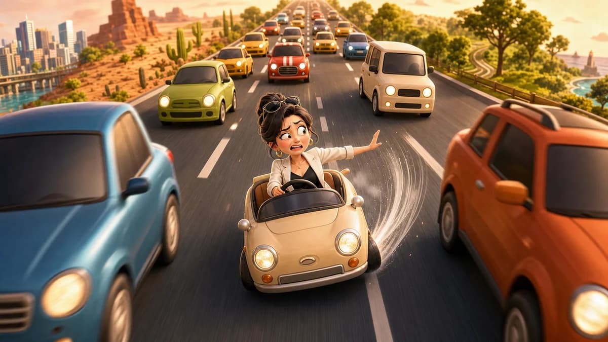 A car fixed on screen while the road scrolls forward and other cars drop into random lanes every 1.5 seconds across a 4-lane highway, requiring left-right dodges to survive in the traffic-dodge driving game Dare to Drive