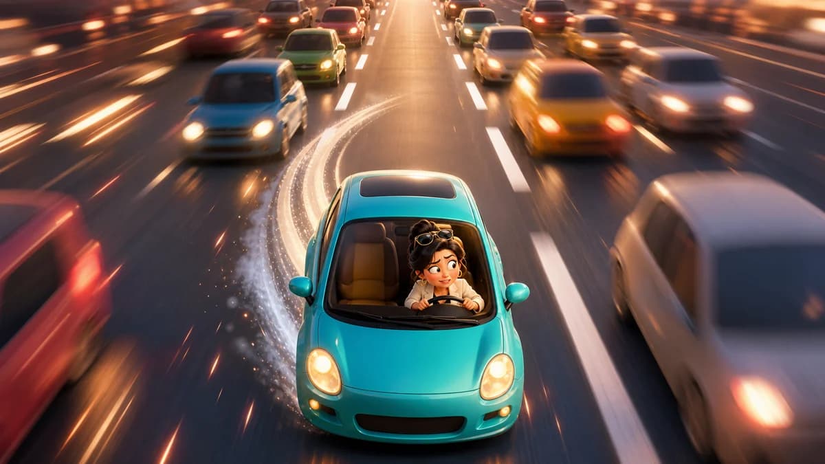 A car fixed on screen while the road scrolls forward and other cars drop into random lanes every 1.5 seconds across a 4-lane highway, requiring left-right dodges to survive in the traffic-dodge driving game Dare to Drive