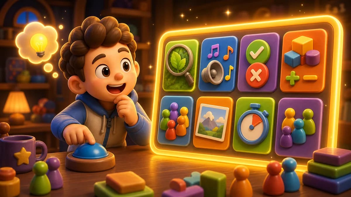 Gameplay screen of Trivia Champion, a general knowledge quiz featuring eight question formats including photo close-ups, sound rounds, true/false, multi-select, and mental math, with hot-seat multiplayer for up to four players