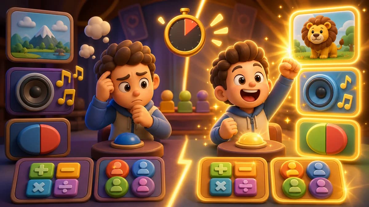 Gameplay screen of Trivia Champion, a general knowledge quiz featuring eight question formats including photo close-ups, sound rounds, true/false, multi-select, and mental math, with hot-seat multiplayer for up to four players