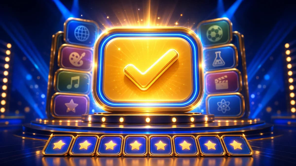 Gameplay screen of Trivia Champion, a general knowledge quiz featuring eight question formats including photo close-ups, sound rounds, true/false, multi-select, and mental math, with hot-seat multiplayer for up to four players