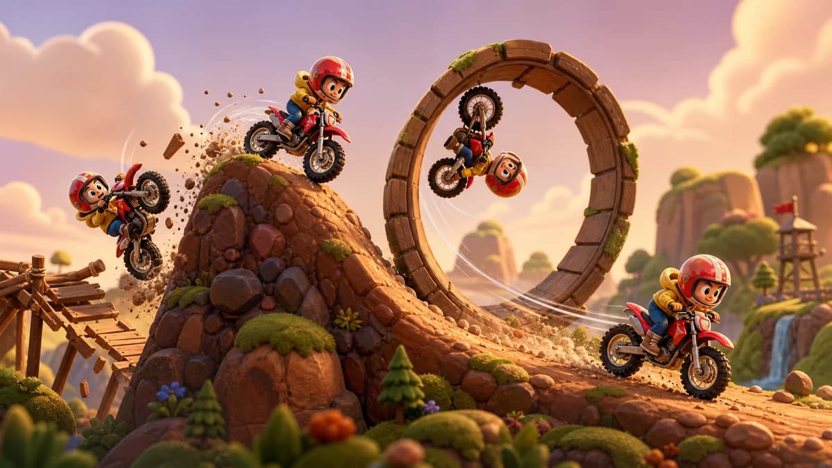 Gameplay screen of Hang On, Bike Rider, a physics bike racing game where a motorcycle navigates rugged terrain to cross the finish line before the target time runs out