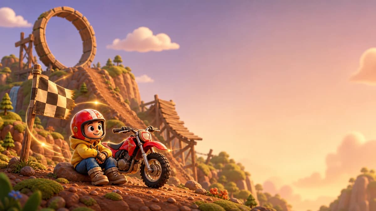Gameplay screen of Hang On, Bike Rider, a physics bike racing game where a motorcycle navigates rugged terrain to cross the finish line before the target time runs out