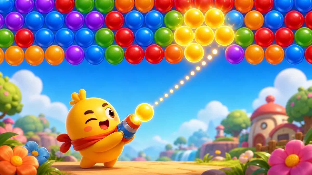 Gameplay screen of Pop Pop Pop Pop, a bubble shooter game where a turret fires bubbles along a preview trajectory into a honeycomb hex grid, connecting same-color bubbles to pop them