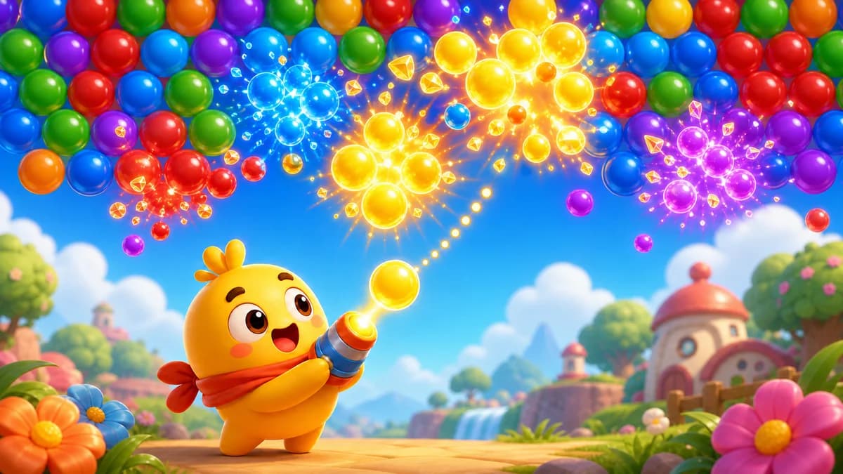 Gameplay screen of Pop Pop Pop Pop, a bubble shooter game where a turret fires bubbles along a preview trajectory into a honeycomb hex grid, connecting same-color bubbles to pop them