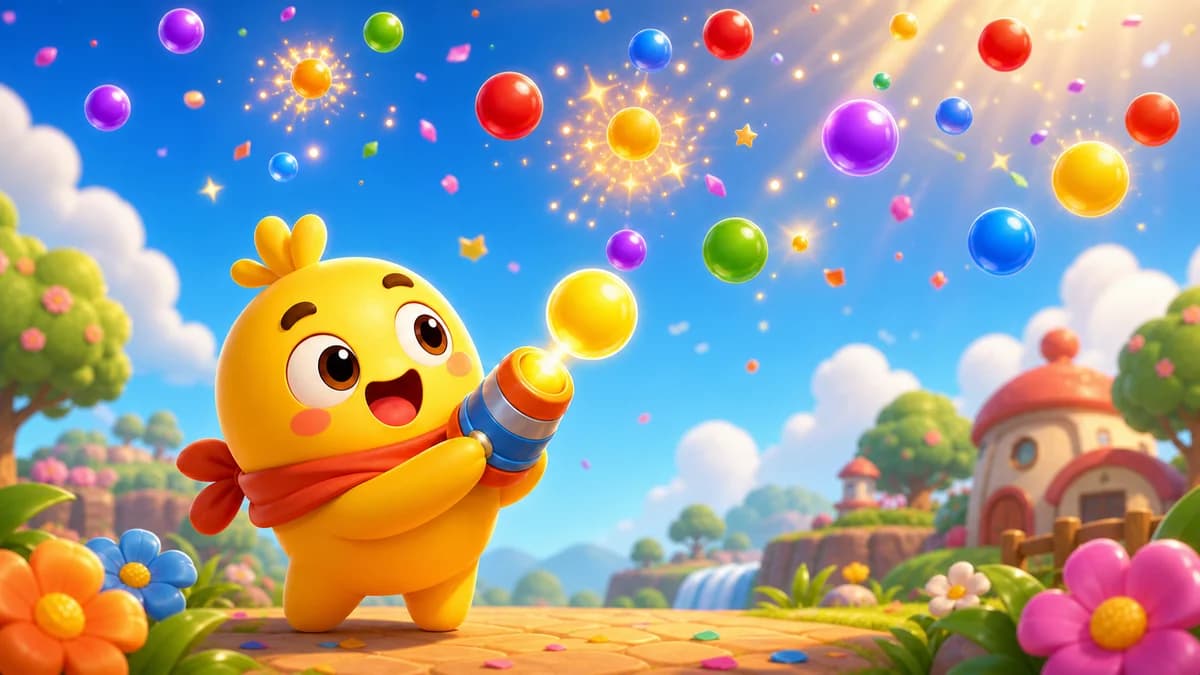 Gameplay screen of Pop Pop Pop Pop, a bubble shooter game where a turret fires bubbles along a preview trajectory into a honeycomb hex grid, connecting same-color bubbles to pop them