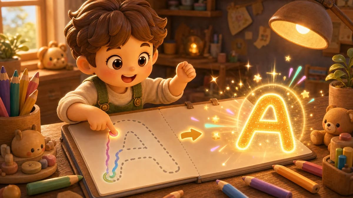 Gameplay screen of Let's Learn ABC, a kids English learning game where children trace on-screen guides with a finger to form uppercase A–Z, lowercase a–z, digits 0–9, and 26 starter words while hearing each letter pronounced.