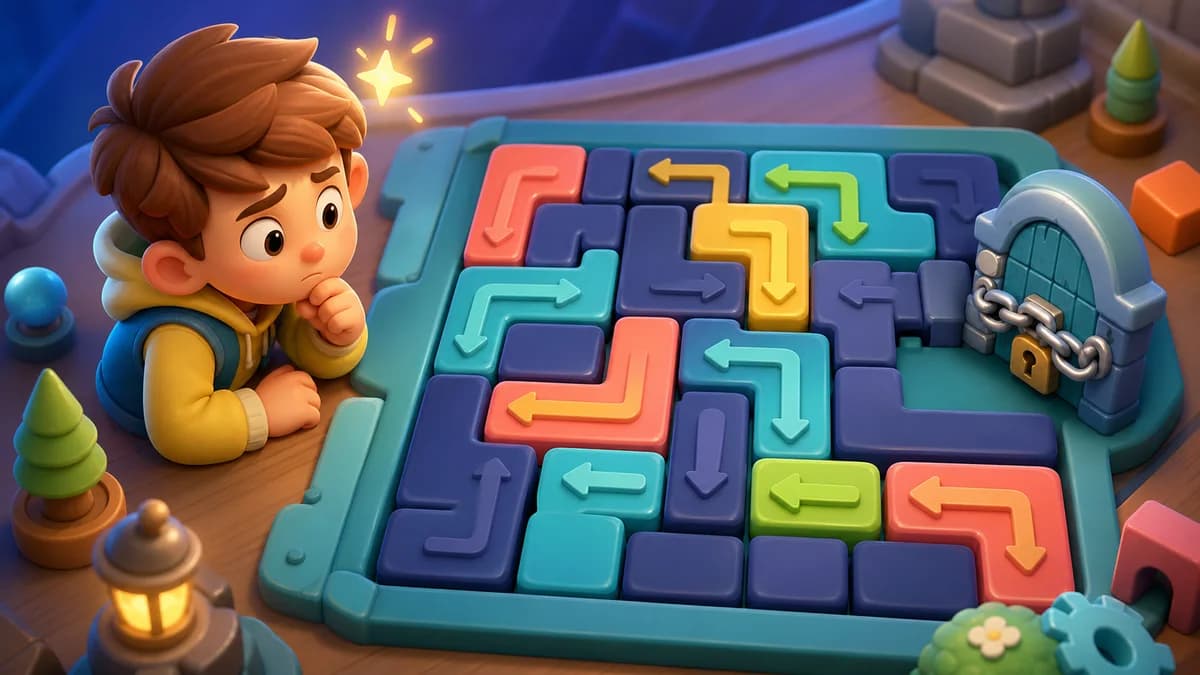 Gameplay screen of Wrong Move showing arrows, snakes, and trains placed on a grid, with one object sliding toward the exit in a directional slide puzzle