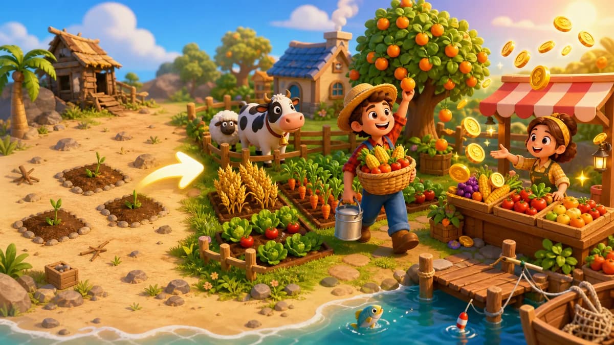 Gameplay screen of You Reap What You Sow showing low-poly 3D green islands on a blue sea, with fields, barns, silos, and a merchant stand, as the player farms, raises animals, fishes, and harvests fruit to expand across multiple islands