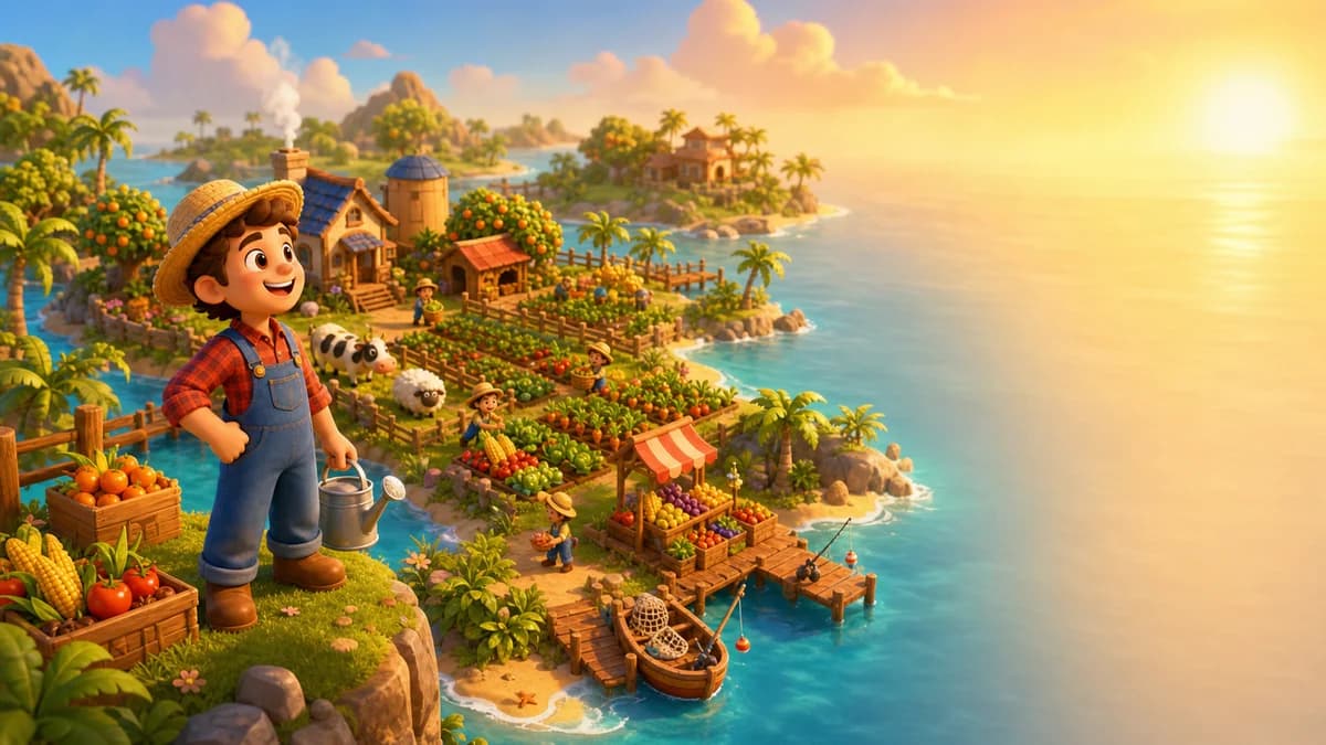 Gameplay screen of You Reap What You Sow showing low-poly 3D green islands on a blue sea, with fields, barns, silos, and a merchant stand, as the player farms, raises animals, fishes, and harvests fruit to expand across multiple islands