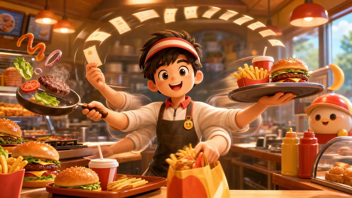 Gameplay screen of Boss of the Block showing a player dashing through a fast-food restaurant — serving dine-in customers, packing drive-through bundles, and managing the burger, coffee, and donut venues