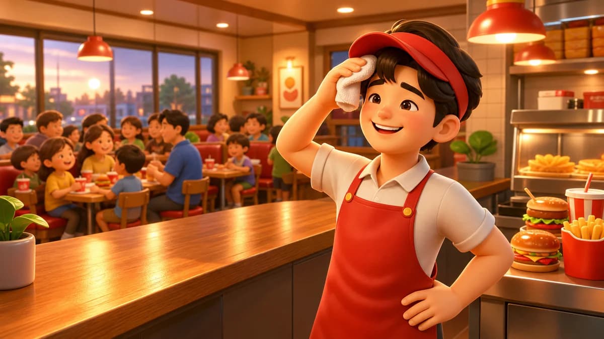 Gameplay screen of Boss of the Block showing a player dashing through a fast-food restaurant — serving dine-in customers, packing drive-through bundles, and managing the burger, coffee, and donut venues