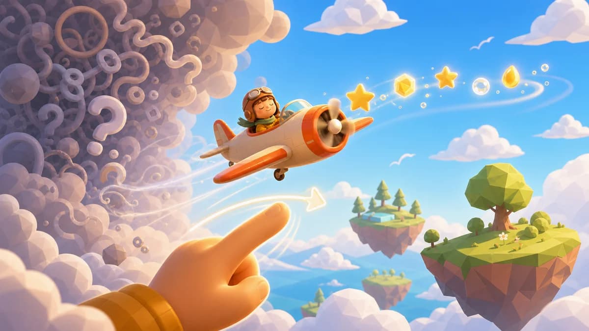 Gameplay screen of Easy Flyer, a relaxing arcade flight game where you lift and tilt a low-poly plane with one finger, leaving vapor trails across a wide open sky while collecting items and managing fuel.