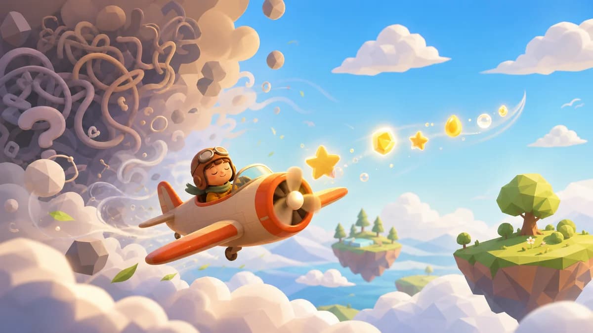Gameplay screen of Easy Flyer, a relaxing arcade flight game where you lift and tilt a low-poly plane with one finger, leaving vapor trails across a wide open sky while collecting items and managing fuel.